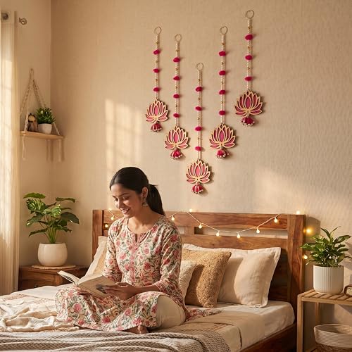 Image of Sanvatsar Home Pink Lotus Hanging | Diwali Showpiece Gift, Corporate Gift, Diwali Decoration, Home Decoration, Set of 6