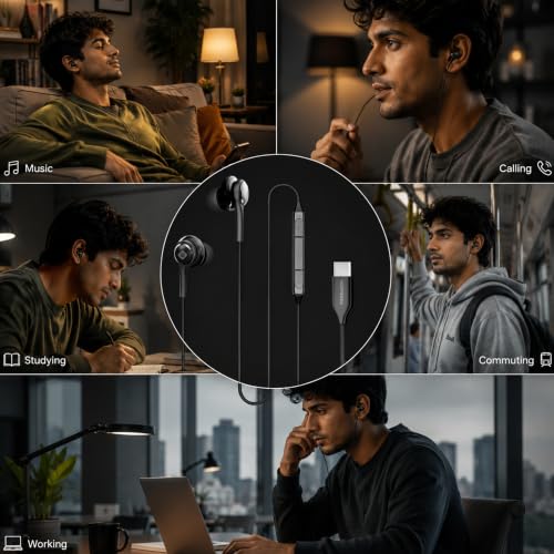 Image of MAKPOWER Type C Wired Earphone with in Line HD Microphone & Volume Controller, Heavy Bass, HD Audio, 120 cm Tangle-Free Cable Compatible with, Android Smartphones & All Type-c Mobiles (Active Black)