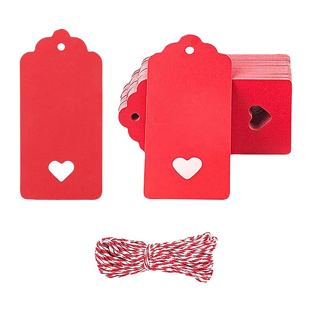 Hugede Red 100 Pcs Kraft Paper Gift Tags Heart Label Tags Craft Hanging Labels Present Packaging Tags Blank Gift Bags Tags With String For Wedding Thanksgiving Christmas