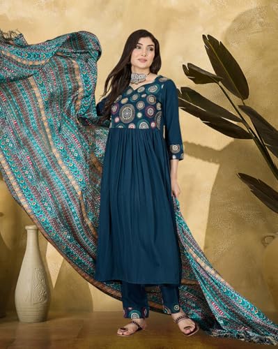 Image of SheWill Women's Mustard American Crepe Zari Sequence Embroidered Alia Cut Kurta with Pant and Dupatta