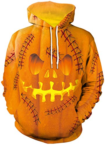 Ocean Plus Men's Long Sleeve Hoodie Halloween Fun Crew Neck Sweatshirt with Kangaroo Pocket Christmas Multicolor 3D Print Jumper Sweater (XL (Chest: 116CM), Pumpkin)