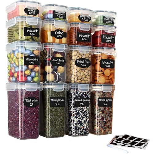 Taylor & Brown Set of 16 Airtight Food Storage Containers & Kitchen Storage Containers, BPA-Free Plastic Containers for Flour, Sugar and Baking Supplies, with 20 Labels