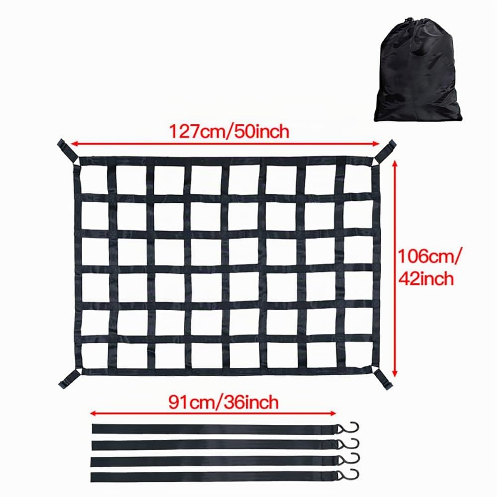 NEWFUN Rete Bagagliaio Auto, 106x127CM Rete Ferma Bagagli Auto, Rete di Fissaggio del Carico, Rete da Carico per Rimorchi con Sacca di Stivaggio, Rete da Carico Regolabile per Autocarri e Rimorchi