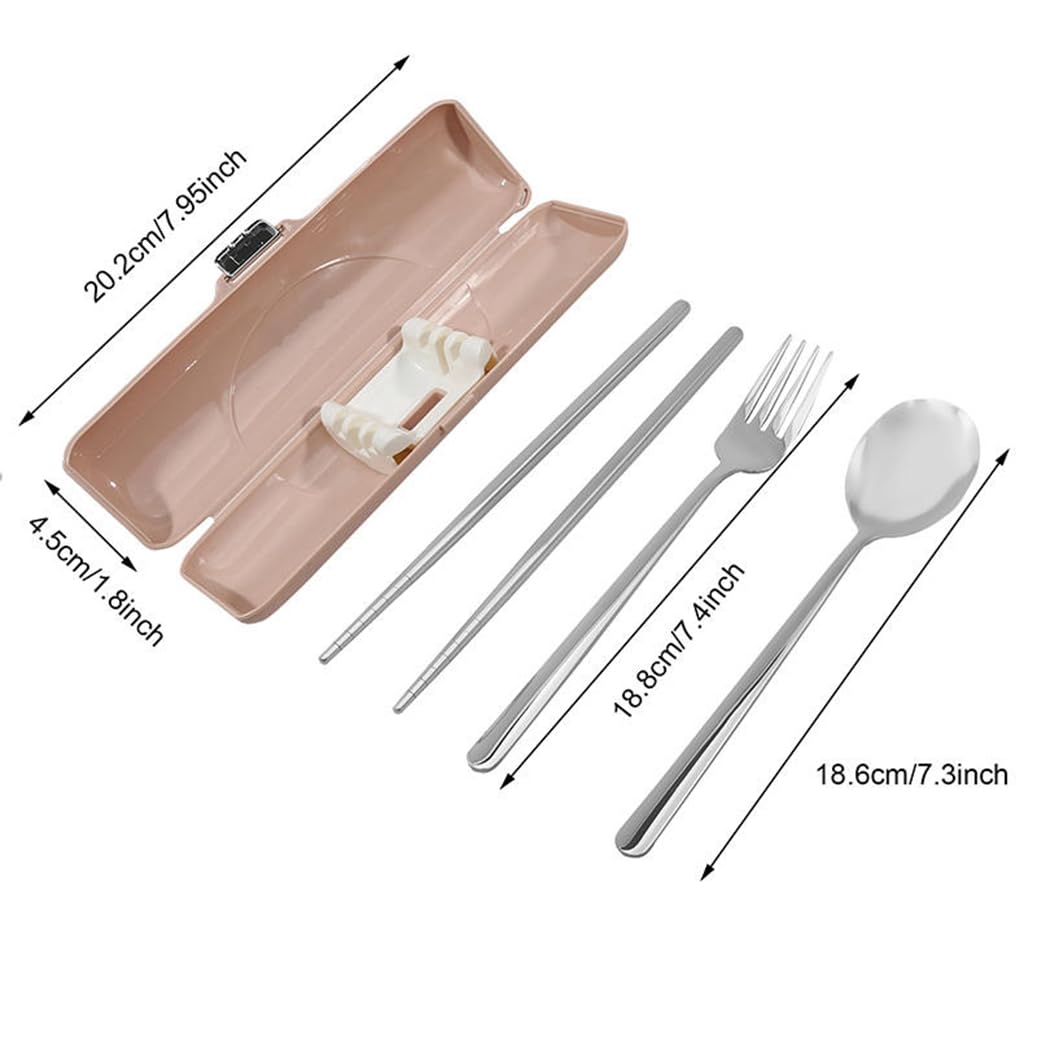 Generic Two-Piece Stainless Steel Portable Cutlery Flatware Set Travel Camping Portable Fork Spoon Chopsticks With Case(Pink-3Pcs)