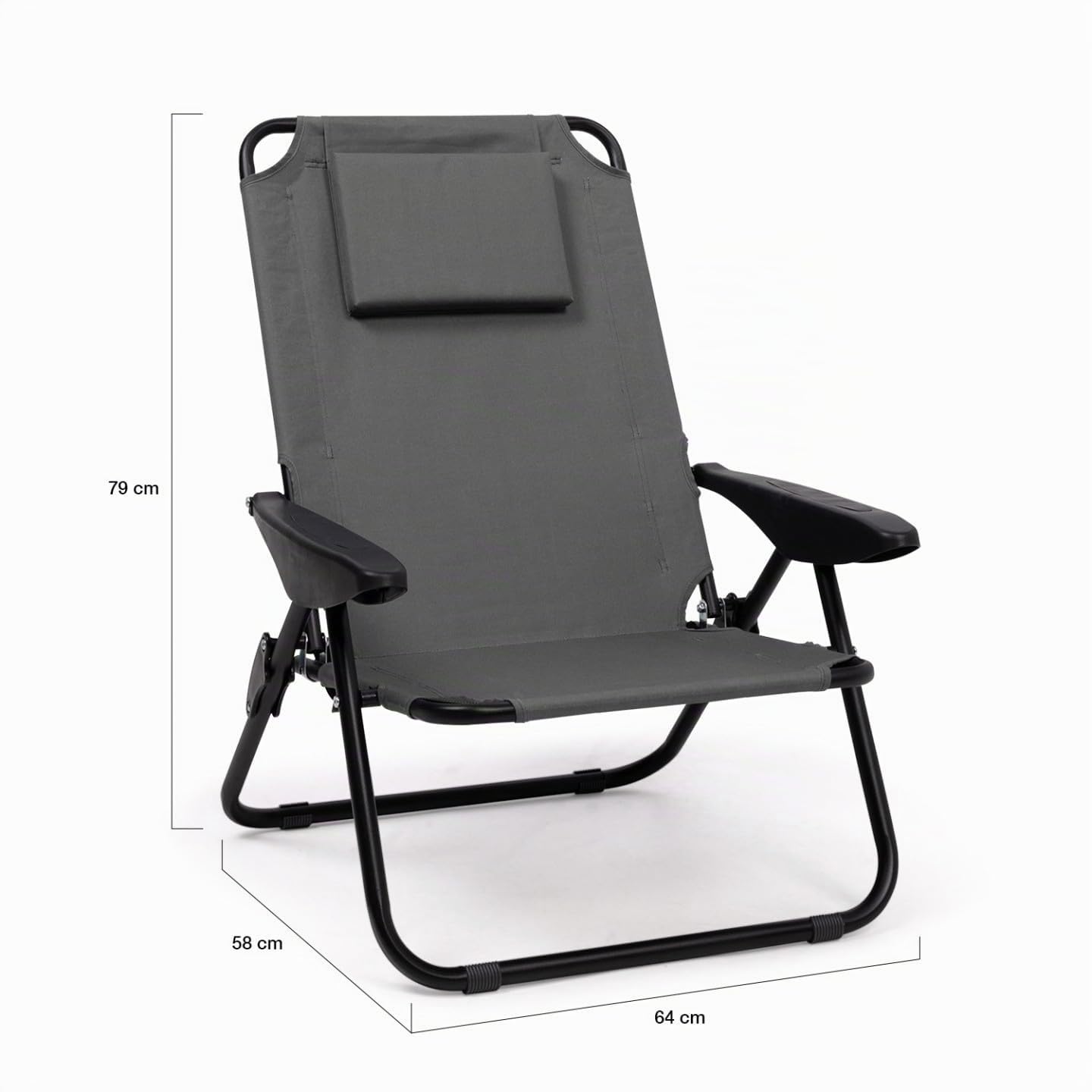 IDMarket – Juego de 2 sillas de playa plegables – Sillones de jardín reclinables mochila gris antracita y lona gris