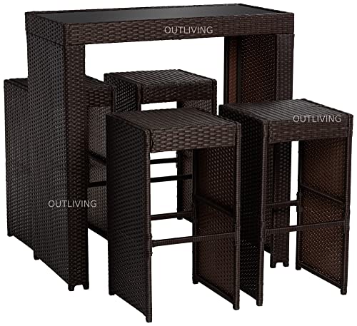 Image of OUTLIVING Rattan Wicker Outdoor Bar Patio Table with 4 Chairs Set for Home Graden Balcony 4 Seater High Bar Patio Furniture Table and Chairs -(Cream Cushion, Brown)