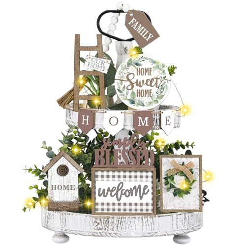 FairySandy Set of 11 Farmhouse Tiered Tray Decor Rustic Home Tiered Tray Decorations Set Wooden Signs Home This is Us Farmhouse Tabletop Wood Signs for Kitchen Table Shelf Decor