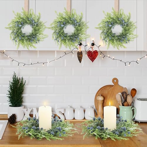 Image of 6 Pcs Mini Blueberry Wreaths Candle Rings Artificial Spring Summer Candle Wreaths for Pillars Rustic Wedding Farmhouse Wreath Table Centerpiece Decoration for Cabinet Kitchen Front Door Home Decor