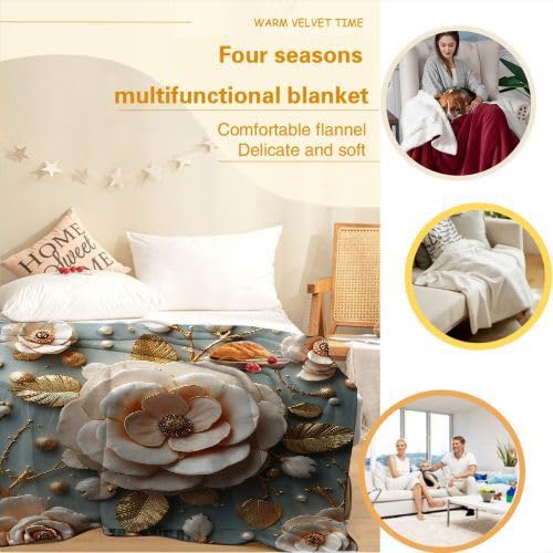 Manta para Sofá 240 x 260 Flores Blancas, Mullida Mantas para Cama 180 de Franela, Cálida Reversible Manta Polar de Microfibra para Cubre Colchas, 260x240 cm D13