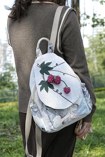 Image of Womens Cotton Hemp Cloth Backpack Boho Vintage Embroidered Casual Purse Handbags Messenger Bag Iris Flower