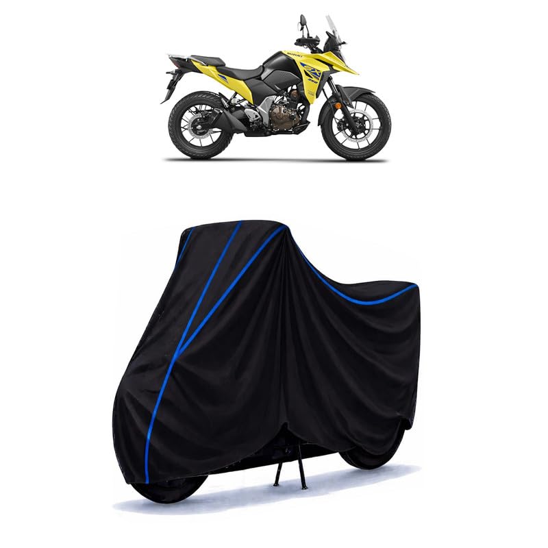 Image of Suzuki V-Strom 250 SX Bike Cover Water Resistant Universal Motorcycle Rain | Heavy Duty UV Protection, Dust, Scratch Indoor Outdoor All Weather with Black Blue Piping Elastic