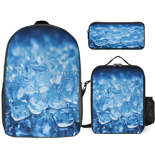 Printed Backpack With Lunch Pack Storage Box Case Blue Ice Cube Background 3pcs Lightweight Travel Backpack