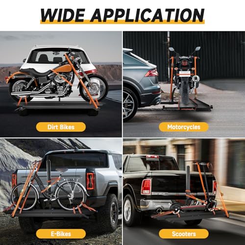 ROADGIVE 500 lb Motorcycle Hitch Carrier, Steel Dirt Bike Rack for Scooter/EBike with Loading Ramp & Ratchet Straps, Fits 2-Inch Receiver on Trucks/SUVs/Cars