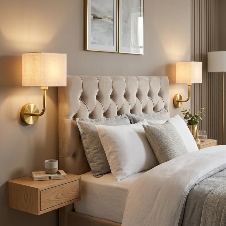 Image of Premium Gold Wall Lamp | Rectangular White Linen Fabric Shade Wall Sconce | Decorative Lighting for Bedroom Living Room Hallway Dining Office Restaurant Hotel | Without Bulb
