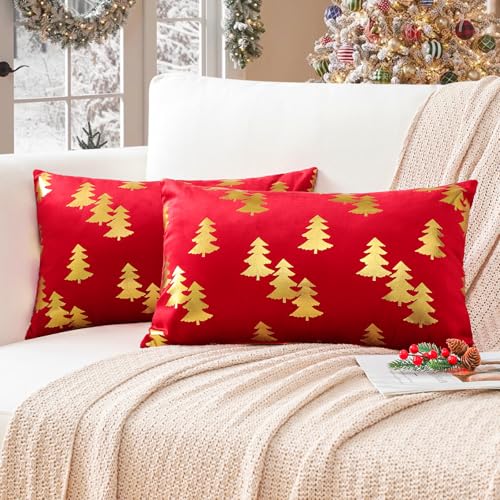 Ohok Weihnachten Gold Heißpräge Samt Kissenbezug, 2er Set Dekorativ...