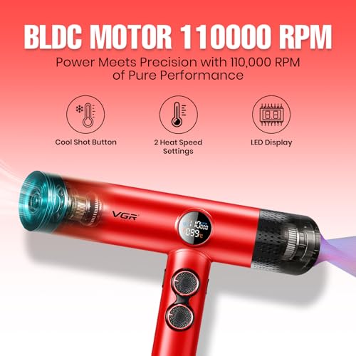Image of VGR V-401 Professional Salon Series Hair Dryer | 110000 RPM BLDC Motor with 40 Speed & Temp Settings, Cool Shot, Magnetic Nozzles, LED Display (Red,1900W)