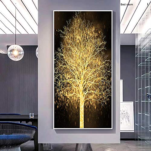 Affiches et impressions sur toile salon moderne paysage arbre doré grand tableau 80x160cm
