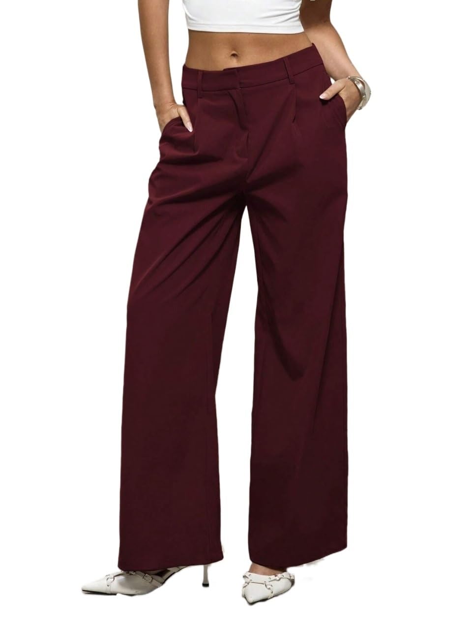 Fall Low-Rise Straight Leg Loose Lined Pant Trousers for Women with Pocket Casual Elegant Cute Winter Cloth Outfits