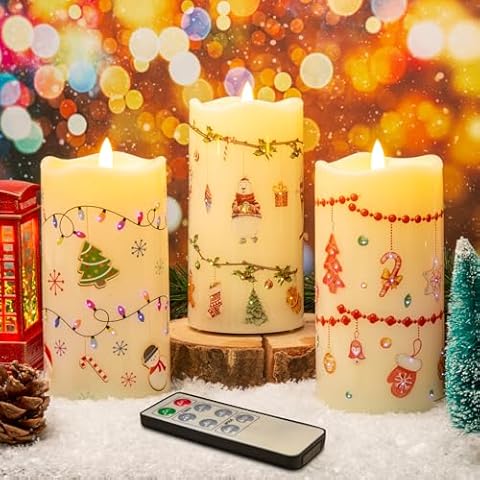 Eywamage Fiber Optic Christmas Flameless Pillar Candles with Remote, Flickering Battery Operated Colorful LED Candles Set of 3 Cover