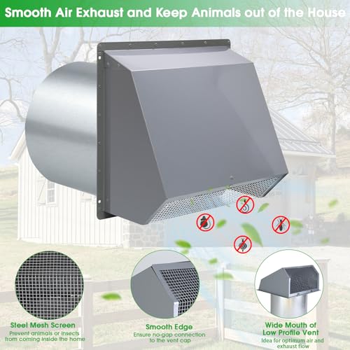 Image of 6 Inch Hooded Wall Vent with Screen and Damper,6 Inch Exhaust Vent Cover Cap for Outdoor Kitchen Range Hood Dryer Ventilation,Outside Wall Mount Extractor for House Air Exhaust,Galvanized Steel,Gray