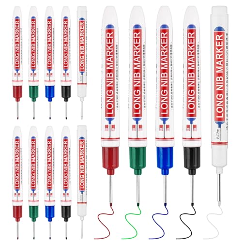 15 Pcs Long Nib Marker 20 mm Long Head Deep Hole Marker Pens Fine Nose Tip Deep Reach Permanent Paint Markers for Metal Marking Pen for Drilling Carpenter Woodworking Construction (Colorful)