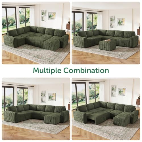 Image of HONBAY Modular Sectional Sleeper Sofa with Pull Out Bed,Corduroy U Shaped Couch with Storage, Sectional Couches for Living Room,Green