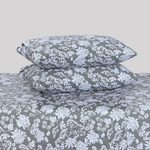 Image of Feather & Stitch Printed 500 TC Split King Size Sheet Set, 5 Piece Bed Sheets Set, 2 Twin Fitted Sheet, 1 King Flat Sheet & 2 King Pillowcases, 18 inch Deep Pockets Sateen Weave - Grey Botanical
