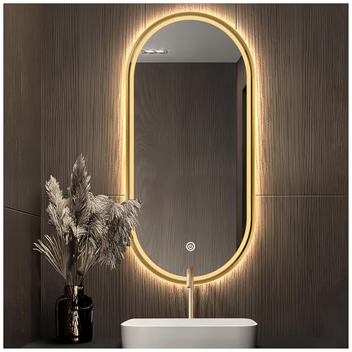 oeLucrv Specchio da Bagno Ovale LED con 3 Luci Regolabili, Illuminazione Anteriore e Posteriore, Specchio Intelligente a Parete, Cornice in Lega di Alluminio (Colore: Oro, Dimensioni: 50x70cm)