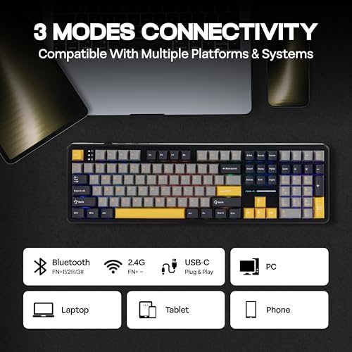 Image of MechLands Aula F108 100% Wireless Gaming Keyboard, Full Size Custom Gasket Mechanical Keyboard, 4000mAh Battery, Programmable 108 Keys, Hot-Swappable, for Win /Mac (Grey&Yellow)