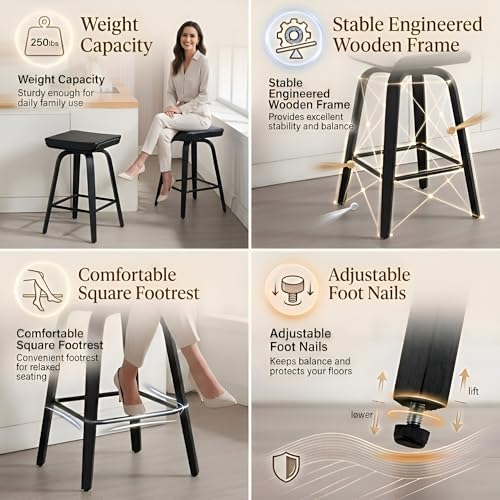 Image of 26 inch Swivel Bar Stools Set of 2, Backless Counter Height Bar Stools with Removable Faux Leather Cushion, 360 Swivel Wooden Saddle Stools with Footrest for Kitchen Island, Home Bar, Small Spaces, Black
