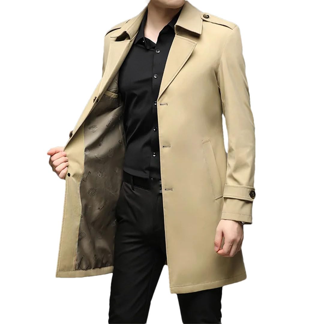 Uomini Risvolto Lungo Trenchcoat Solido Monopetto Capispalla Business Casual Giacca