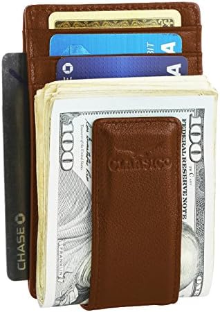 Claasico Men’s Leather Money Clip Wallet – Slim Front Pocket Wallet w/Super Strong Magnetic Clip, RFID Blocking, 5 Card Slots & Center Pocket + ID Window