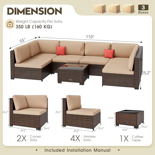 Image of LHBcraft 7 Piece Outside Sectional Furniture Set, All Weather Wicker Patio Sofa, Outdoor Sectional Balcony Furniture with Beige Cushion & Glass Coffee Table