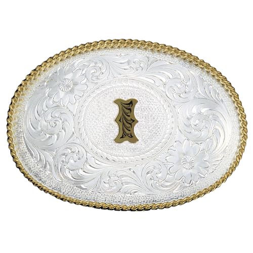 Image of Montana Silversmiths Initial Engraved Gold Trim Western Belt Buckle