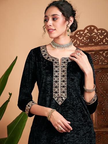 Image of Women Velvet Embroidered Straight Kurta
