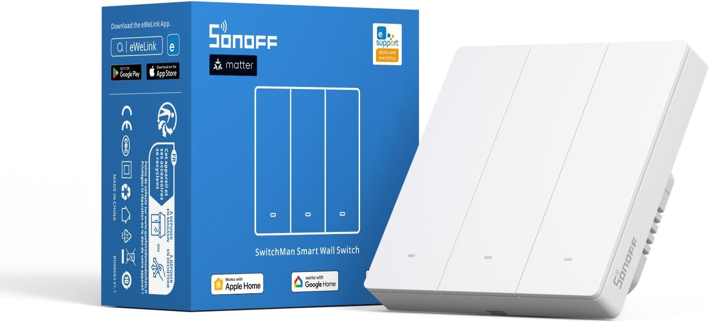 SONOFF 2.4GHz WiFi Matter Light Switch Alexa Smart Mechanical Switch, Neutral Wire Required, Compatible with Alexa and Google Home, 3 Gang M5-3C-86W, White