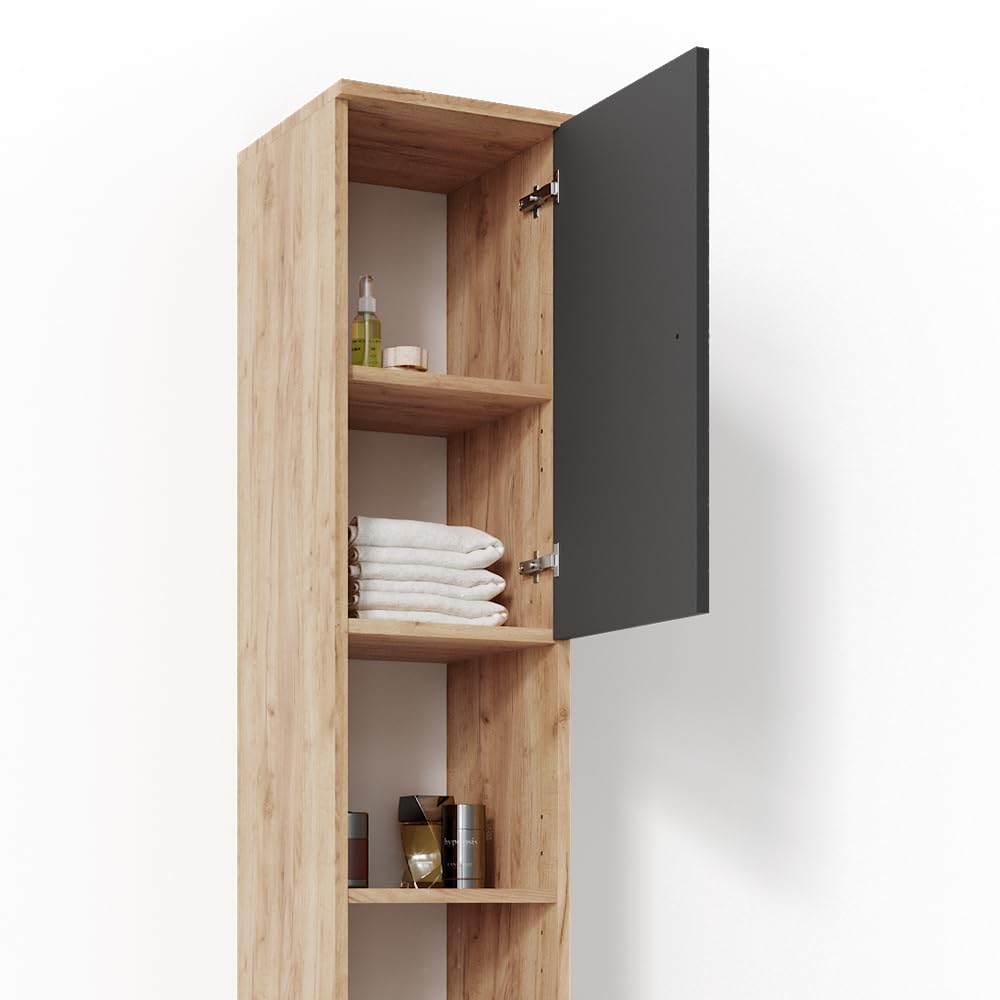 Meuble Salle De Bain J-Shape Vicco 30x190cm - Anthracite/Chêne - Rangement Haut Étagères