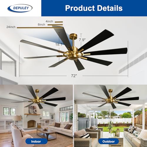Image of Depuley Ceiling Fan Without Light: 72 Inch Big Indoor Outdoor Fan with Remote APP Control - Large Farmhouse Black Gold Ceiling Fan no Light 8 Blade Reversible Quiet DC Motor Memory Function Timer