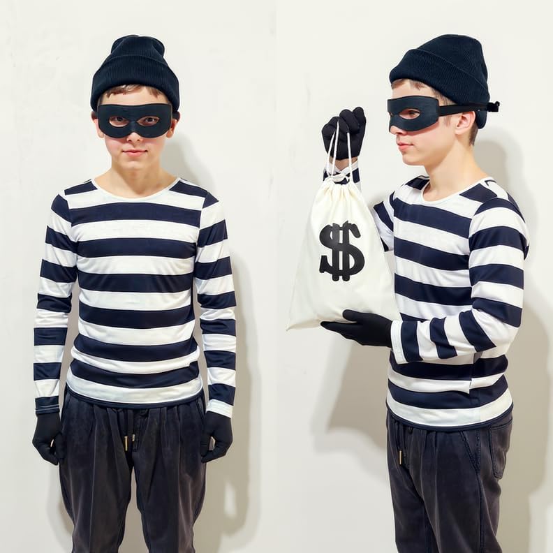Kid's Robber Costume Set Cosplay Thief Accessories for Halloween Party Black and White Striped Knit Beanie Cap - Image 2