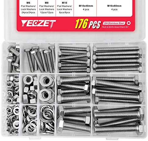 YEEZET 44 Pieces M6 M8 M10 304 Stainless Steel Hex Bolts, Washers, Spring Washers & Nuts Assortment Kit