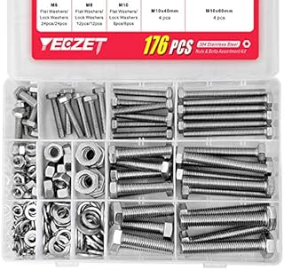 YEEZET 44 Pieces M6 M8 M10 304 Stainless Steel Hex Bolts, Washers, Spring Washers & Nuts Assortment Kit