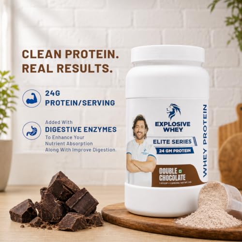 Image of Explosive Whey Elite Series Whey Protein - Trusted by M.S. Dhoni | 24g Protein per Scoop | Premium Concentrate Sport Supplement for Enhanced Muscle Growth and Recovery | Double Chocolate - 2kg (60 Servings), Trustified Certified