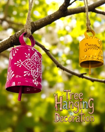 Image of 2 PC Bell Wall Hanging Decor | Garden Tree Hanging Bells Decoration | Handpainted Hanging Ornaments for Home Living Room Wind Chime (Pink & Yellow)
