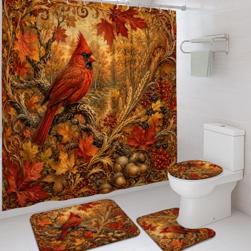 Rideaux de douche cardinaux nature branches automne avec tapis de bain - 2