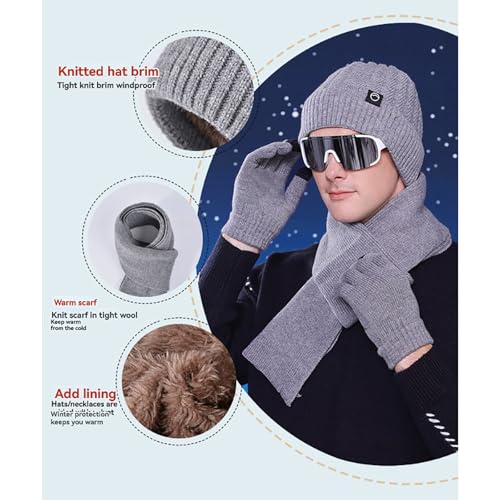 Winter Beanie Hat Scarf Gloves, Warm Fleece Knit Winter Hats Touchscreen Gloves Neck Scarf Set Winter Gifts (Grey, One Size)2