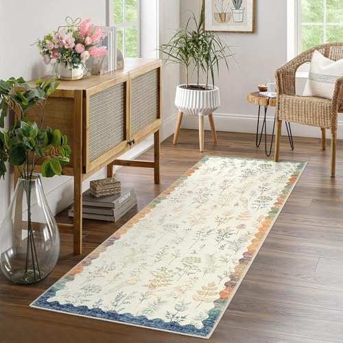 GarveeHome Washable 2x6 Runner Rugs for Bathroom Floral Kitchen Rug Neutral Scalloped Carpet, Non-Slip Hallway Rug Stain Resistant Modern Low-Pile Carpet for Laundry Bedside Entryway(2x6ft)