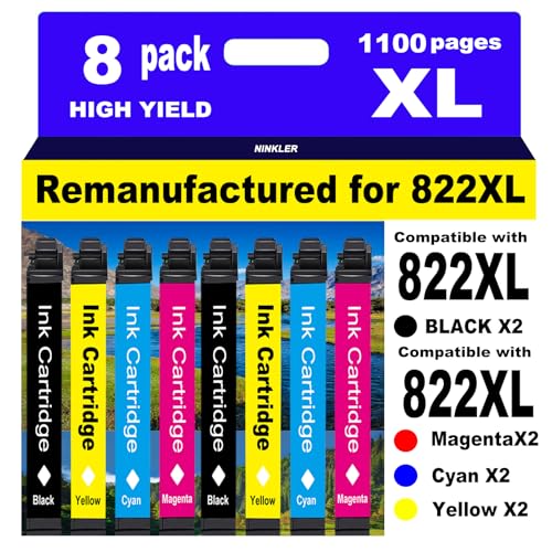 NINKLER for 822XL Remanufactured for Epson 822XL Ink Cartridges for 822 XL T822 Workforce Pro WF-3820 WF-3823 WF-4820 WF-4830 WF-4833 WF-4834 Printer 8 Pack 2 Black 2 Cyan 2 Magenta 2 Yellow