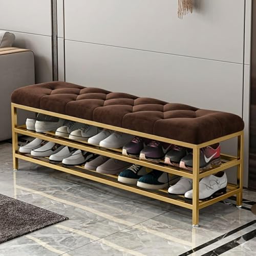 Image of Entryway Shoe Rack with Cushioned Seat, Shoe Bench for Entry, 2 Shelves Storage Bed Bench