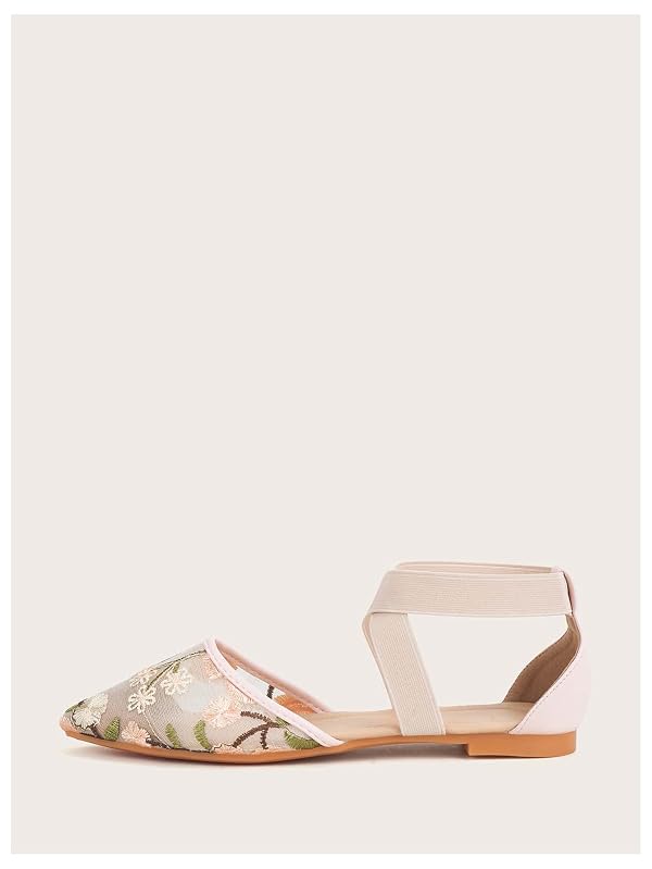 SweatyRocks Women's Floral Embroidered Mesh Dressy Ballet Flats Pointed Toe Crisscross Wedding Shoes Pink 9 by SweatyRocks - Used condition - Image 4