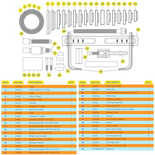 Image of 6575 Front & Rear Wheel Hub and Bearing Removal & Installation Tool Master Service Complete Kit with Puller Adapters Hardwares Carrying Case Application Guide (63 PCS)